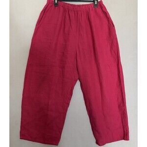 FLAX Designs Linen Pants 1G Fuschia Pink Women Wide Leg Lagenlook Pull On Pocket